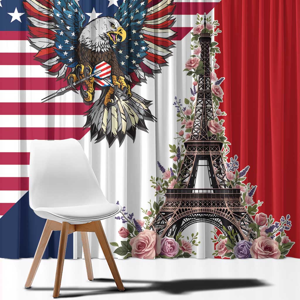 French American Heritage Month Window Curtain Flag Style with USA Eagle and Eiffel Tower