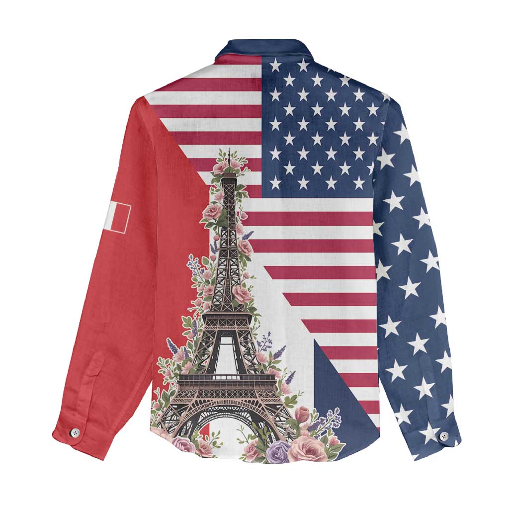 French American Heritage Month Women Casual Shirt Flag Style with USA Eagle and Eiffel Tower