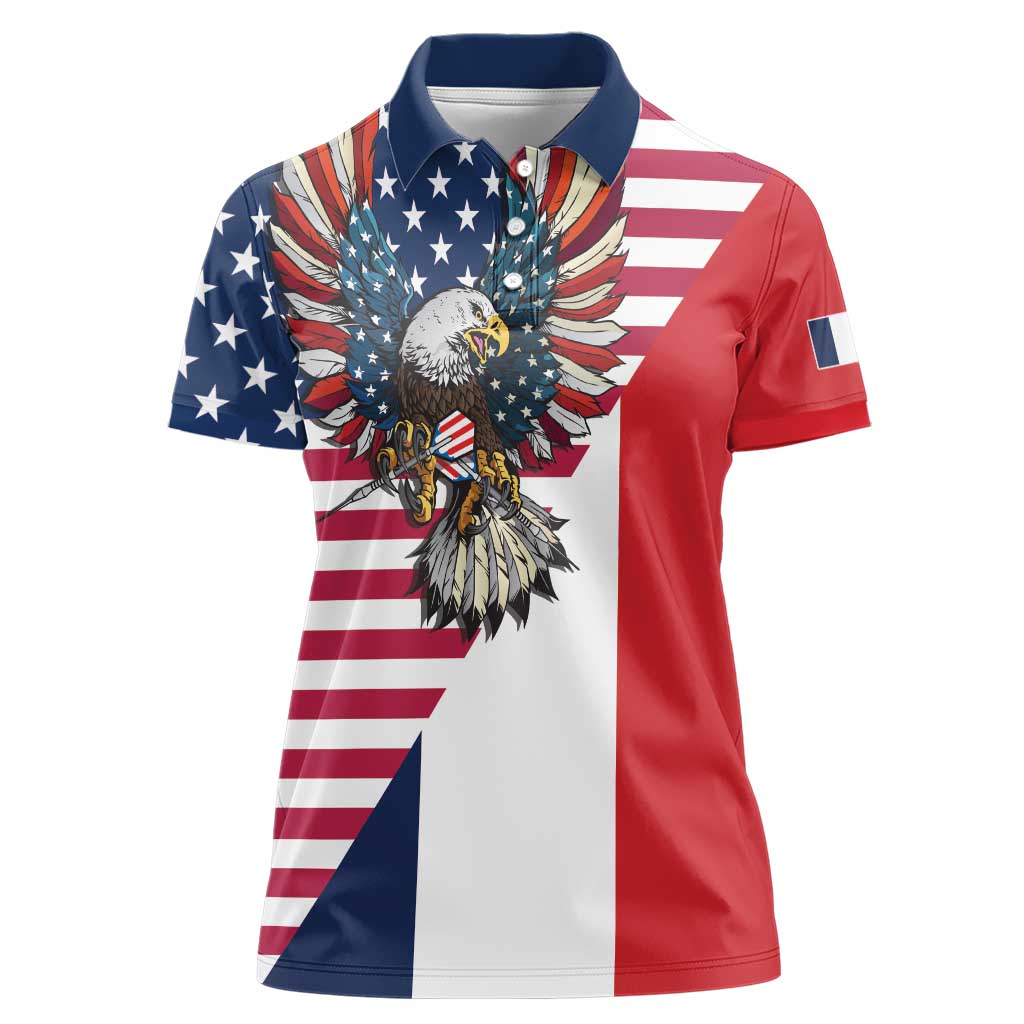 French American Heritage Month Women Polo Shirt Flag Style with USA Eagle and Eiffel Tower