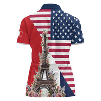 French American Heritage Month Women Polo Shirt Flag Style with USA Eagle and Eiffel Tower