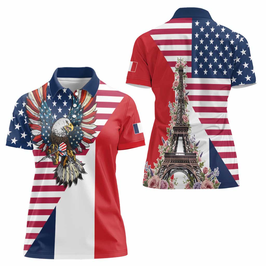 French American Heritage Month Women Polo Shirt Flag Style with USA Eagle and Eiffel Tower