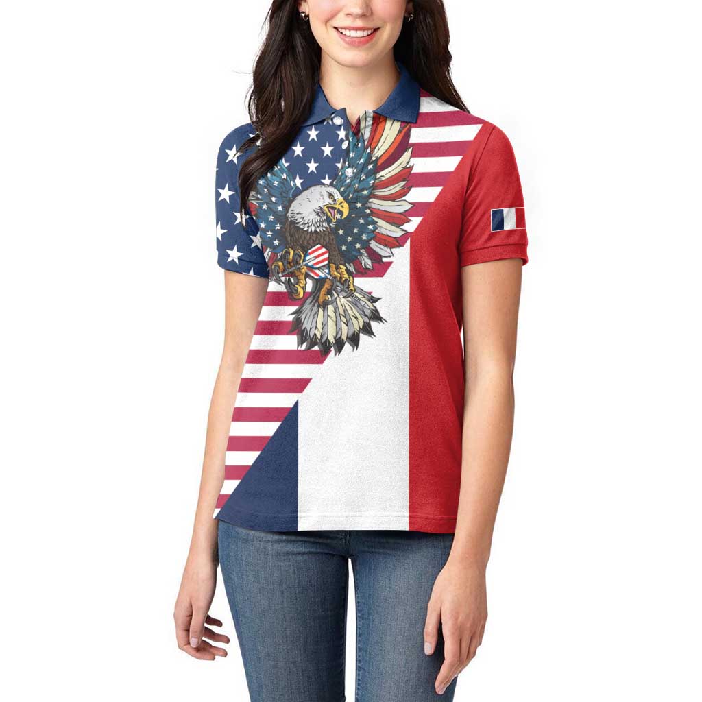 French American Heritage Month Women Polo Shirt Flag Style with USA Eagle and Eiffel Tower