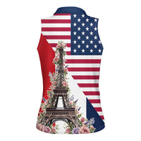 French American Heritage Month Women Sleeveless Polo Shirt Flag Style with USA Eagle and Eiffel Tower