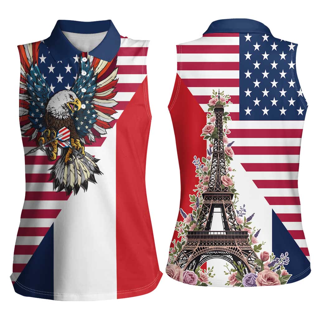 French American Heritage Month Women Sleeveless Polo Shirt Flag Style with USA Eagle and Eiffel Tower