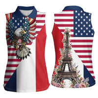 French American Heritage Month Women Sleeveless Polo Shirt Flag Style with USA Eagle and Eiffel Tower