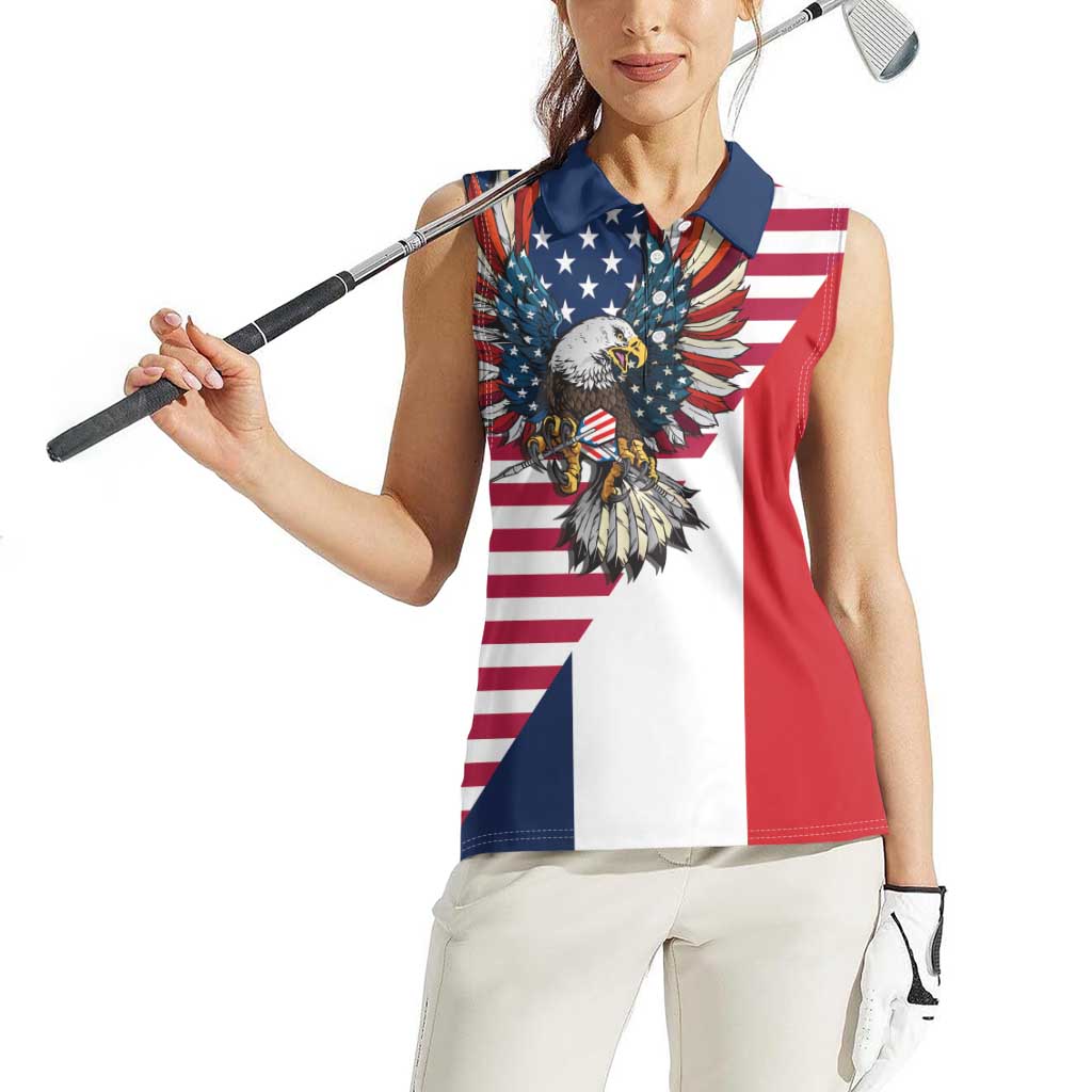 French American Heritage Month Women Sleeveless Polo Shirt Flag Style with USA Eagle and Eiffel Tower