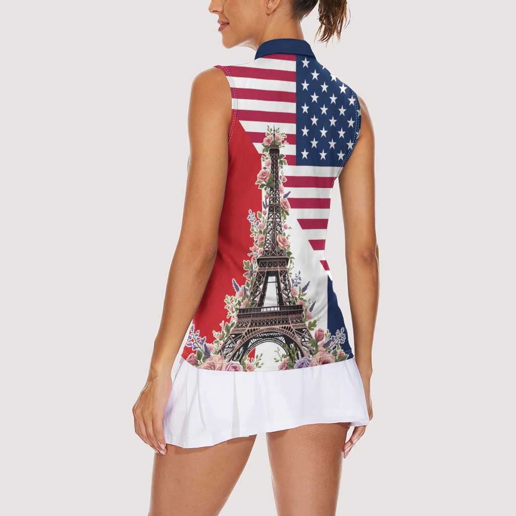 French American Heritage Month Women Sleeveless Polo Shirt Flag Style with USA Eagle and Eiffel Tower