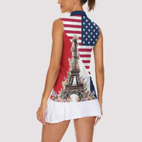 French American Heritage Month Women Sleeveless Polo Shirt Flag Style with USA Eagle and Eiffel Tower