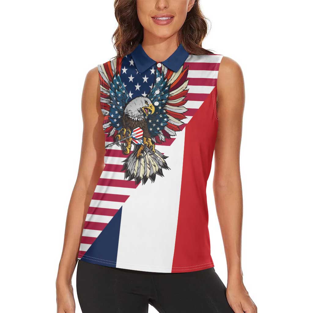 French American Heritage Month Women Sleeveless Polo Shirt Flag Style with USA Eagle and Eiffel Tower