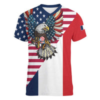 French American Heritage Month Women V-Neck T-Shirt Flag Style with USA Eagle and Eiffel Tower