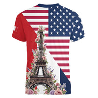 French American Heritage Month Women V-Neck T-Shirt Flag Style with USA Eagle and Eiffel Tower