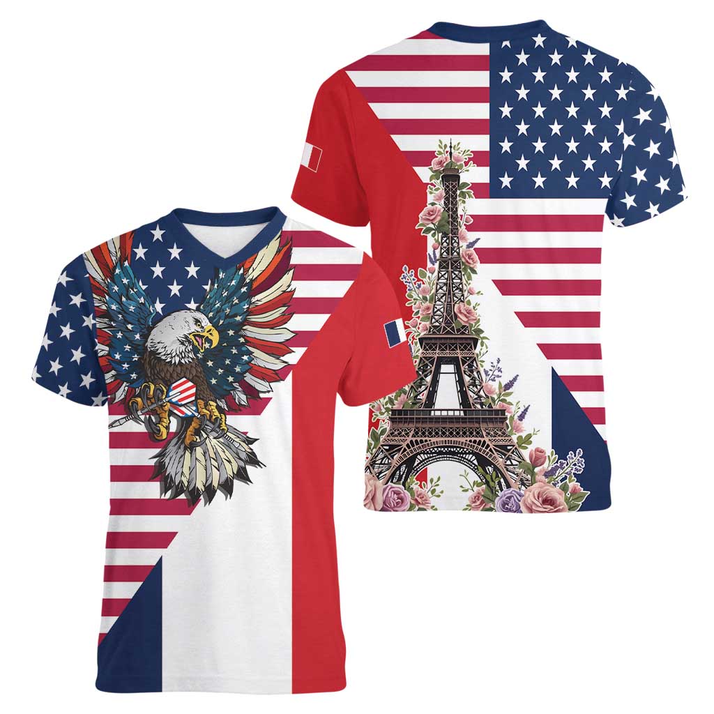 French American Heritage Month Women V-Neck T-Shirt Flag Style with USA Eagle and Eiffel Tower