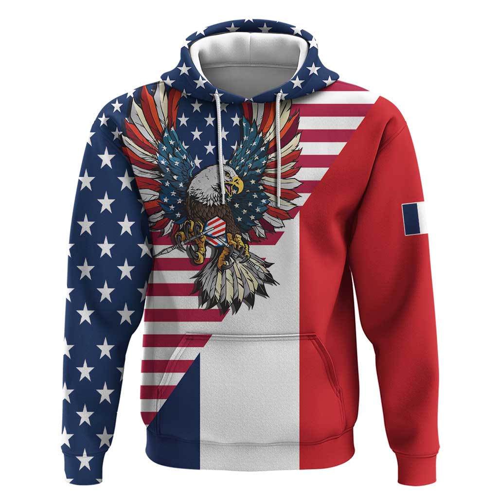 French American Heritage Month Zip Hoodie Flag Style with USA Eagle and Eiffel Tower