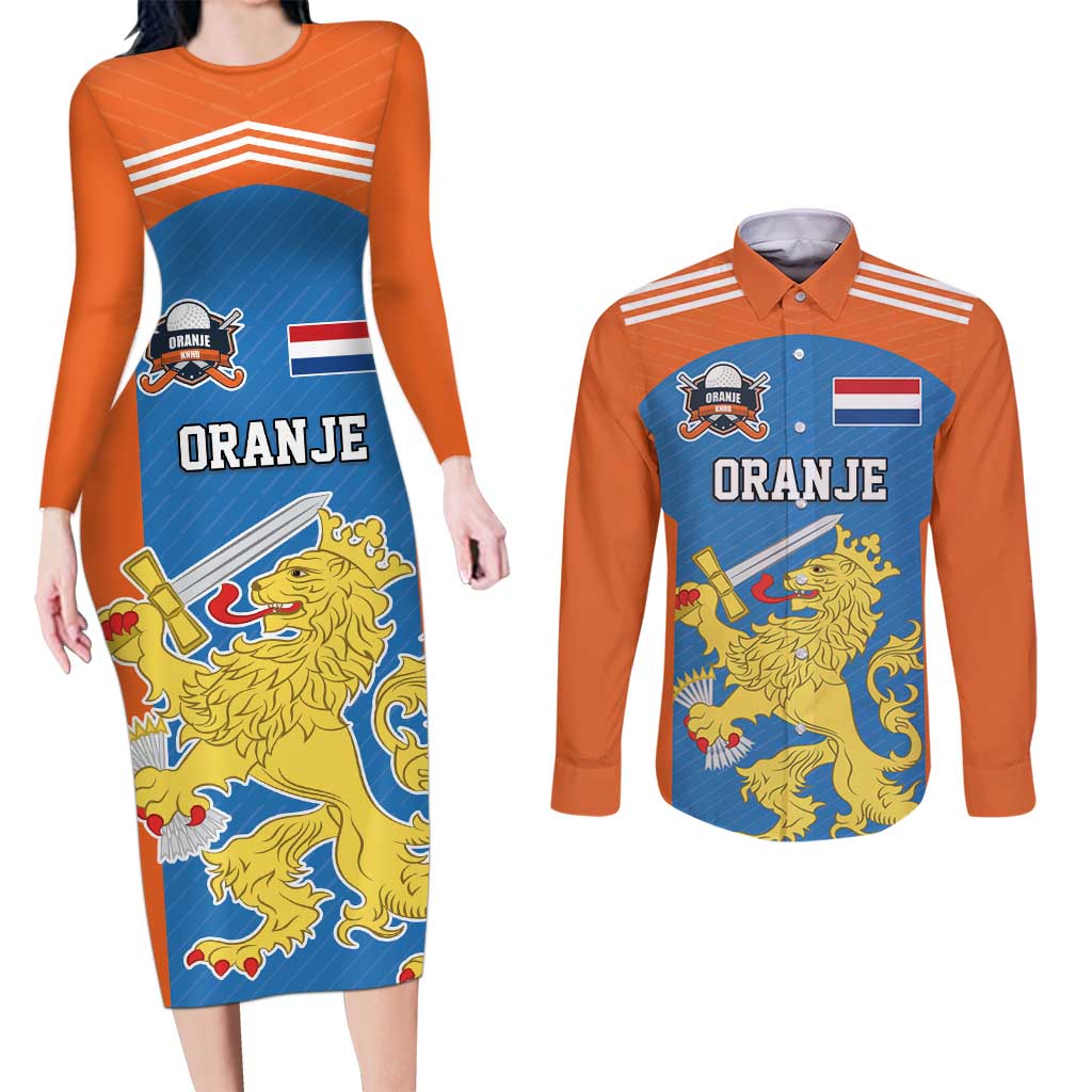 Netherlands Field Hockey Custom Couples Matching Long Sleeve Bodycon Dress and Long Sleeve Button Shirt Sporty Style