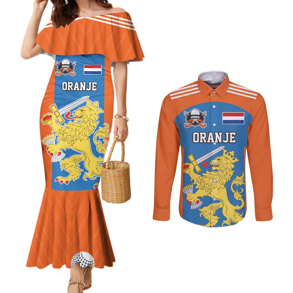 Netherlands Field Hockey Custom Couples Matching Mermaid Dress and Long Sleeve Button Shirt Sporty Style