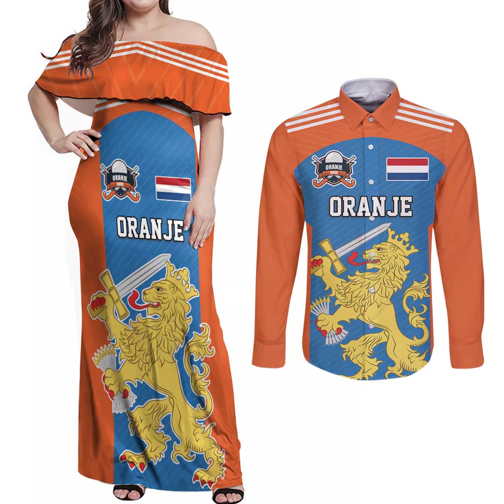 Netherlands Field Hockey Custom Couples Matching Off Shoulder Maxi Dress and Long Sleeve Button Shirt Sporty Style