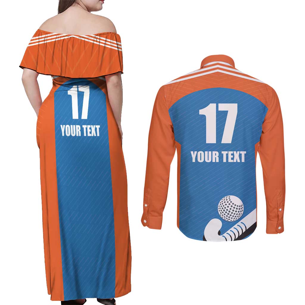 Netherlands Field Hockey Custom Couples Matching Off Shoulder Maxi Dress and Long Sleeve Button Shirt Sporty Style