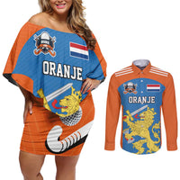 Netherlands Field Hockey Custom Couples Matching Off Shoulder Short Dress and Long Sleeve Button Shirt Sporty Style