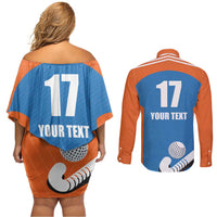 Netherlands Field Hockey Custom Couples Matching Off Shoulder Short Dress and Long Sleeve Button Shirt Sporty Style
