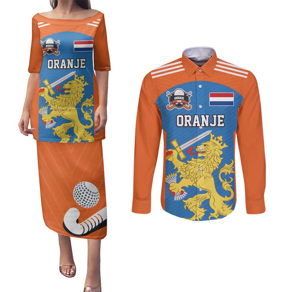 Netherlands Field Hockey Custom Couples Matching Puletasi and Long Sleeve Button Shirt Sporty Style