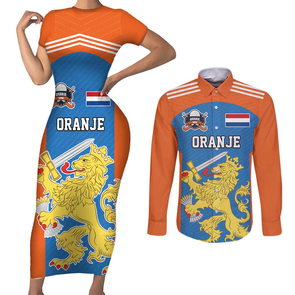Netherlands Field Hockey Custom Couples Matching Short Sleeve Bodycon Dress and Long Sleeve Button Shirt Sporty Style