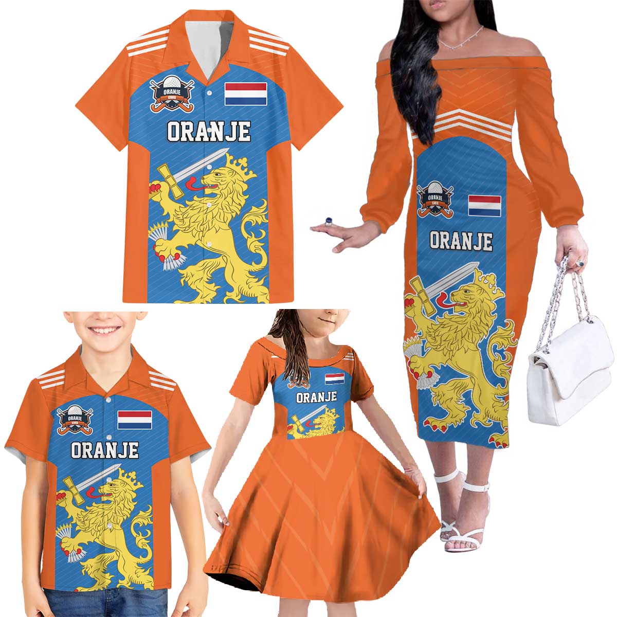 Netherlands Field Hockey Custom Family Matching Off The Shoulder Long Sleeve Dress and Hawaiian Shirt Sporty Style