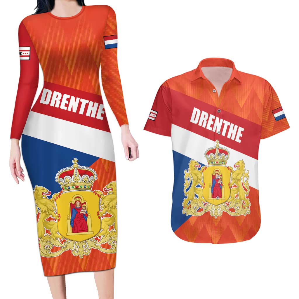 Netherlands Drenthe Province Personalized Couples Matching Long Sleeve Bodycon Dress and Hawaiian Shirt Flag of Drenthe