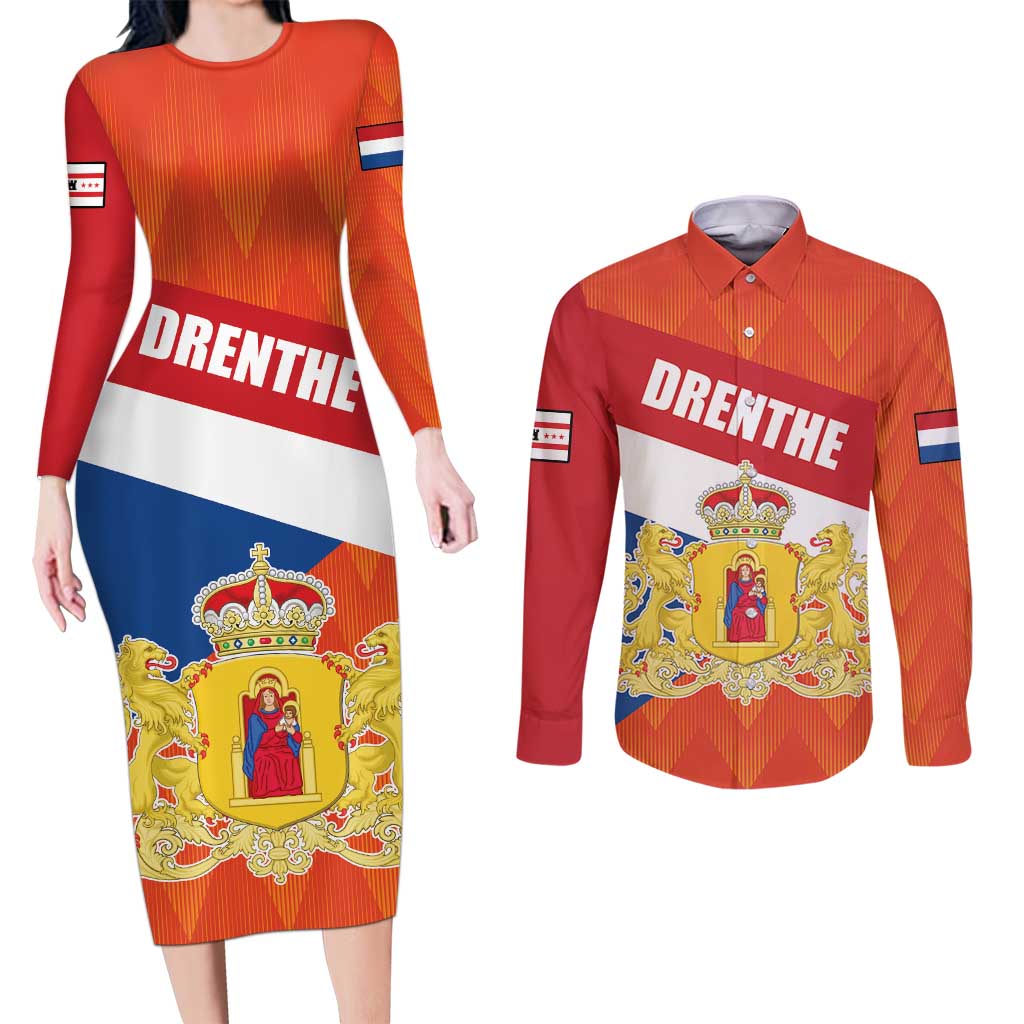 Netherlands Drenthe Province Personalized Couples Matching Long Sleeve Bodycon Dress and Long Sleeve Button Shirt Flag of Drenthe