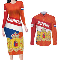 Netherlands Drenthe Province Personalized Couples Matching Long Sleeve Bodycon Dress and Long Sleeve Button Shirt Flag of Drenthe