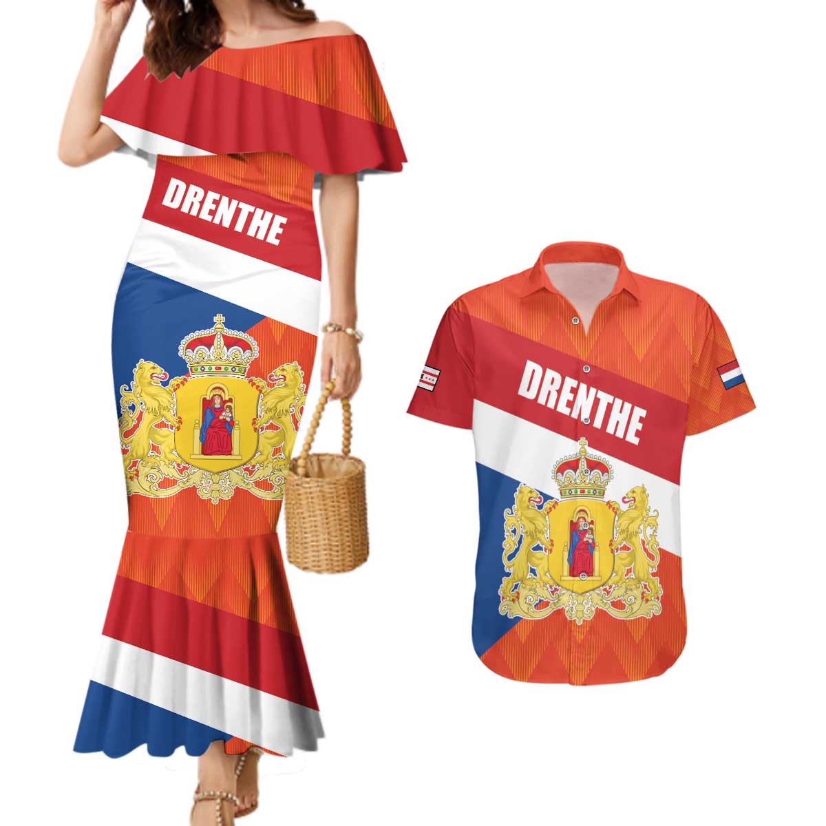 Netherlands Drenthe Province Personalized Couples Matching Mermaid Dress and Hawaiian Shirt Flag of Drenthe