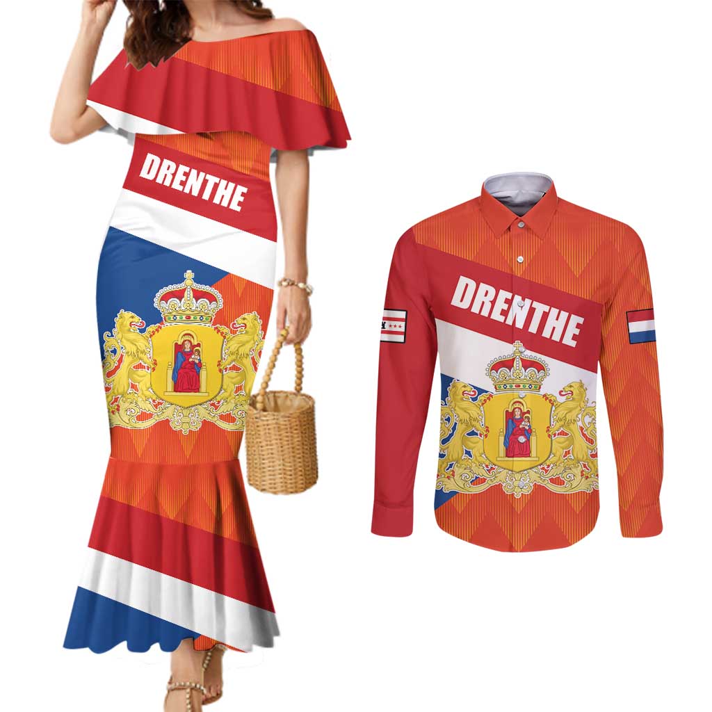 Netherlands Drenthe Province Personalized Couples Matching Mermaid Dress and Long Sleeve Button Shirt Flag of Drenthe