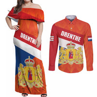 Netherlands Drenthe Province Personalized Couples Matching Off Shoulder Maxi Dress and Long Sleeve Button Shirt Flag of Drenthe