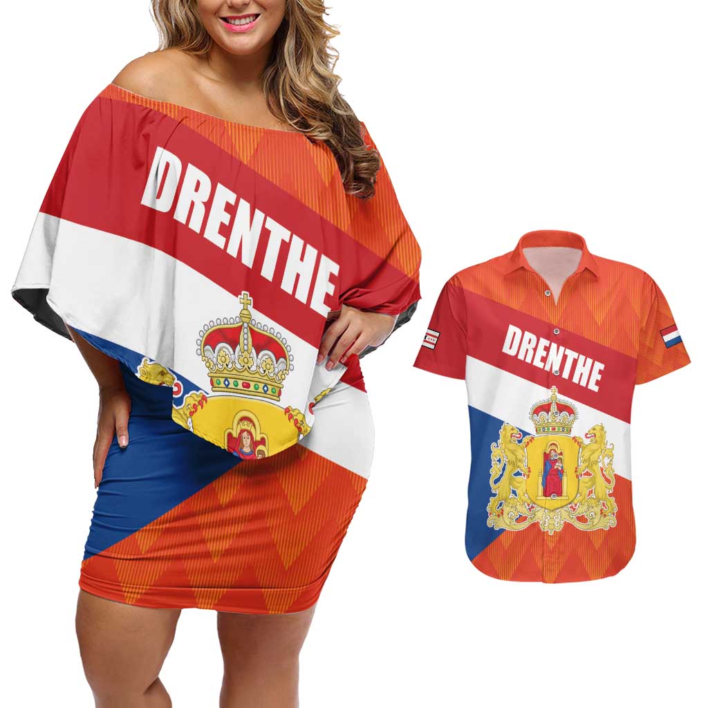 Netherlands Drenthe Province Personalized Couples Matching Off Shoulder Short Dress and Hawaiian Shirt Flag of Drenthe