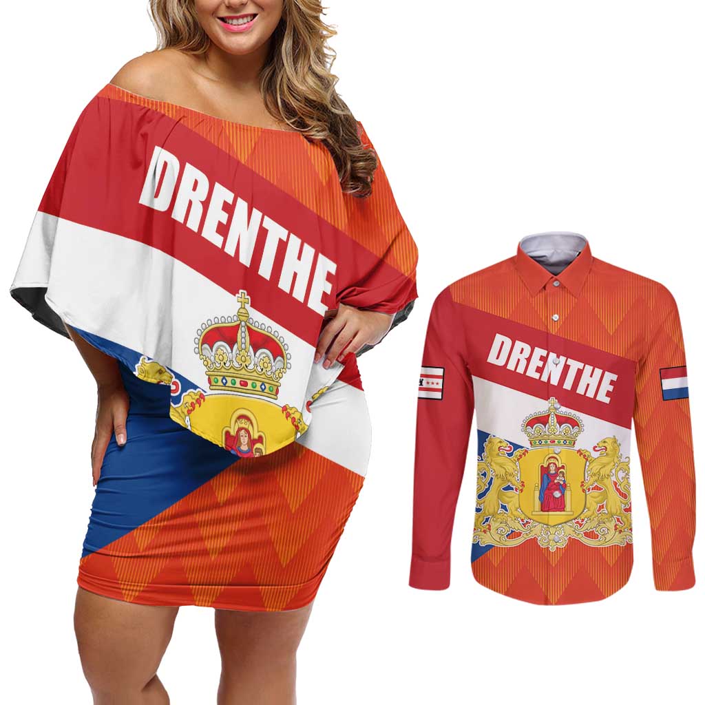 Netherlands Drenthe Province Personalized Couples Matching Off Shoulder Short Dress and Long Sleeve Button Shirt Flag of Drenthe