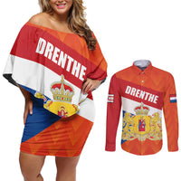 Netherlands Drenthe Province Personalized Couples Matching Off Shoulder Short Dress and Long Sleeve Button Shirt Flag of Drenthe