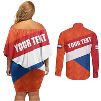 Netherlands Drenthe Province Personalized Couples Matching Off Shoulder Short Dress and Long Sleeve Button Shirt Flag of Drenthe