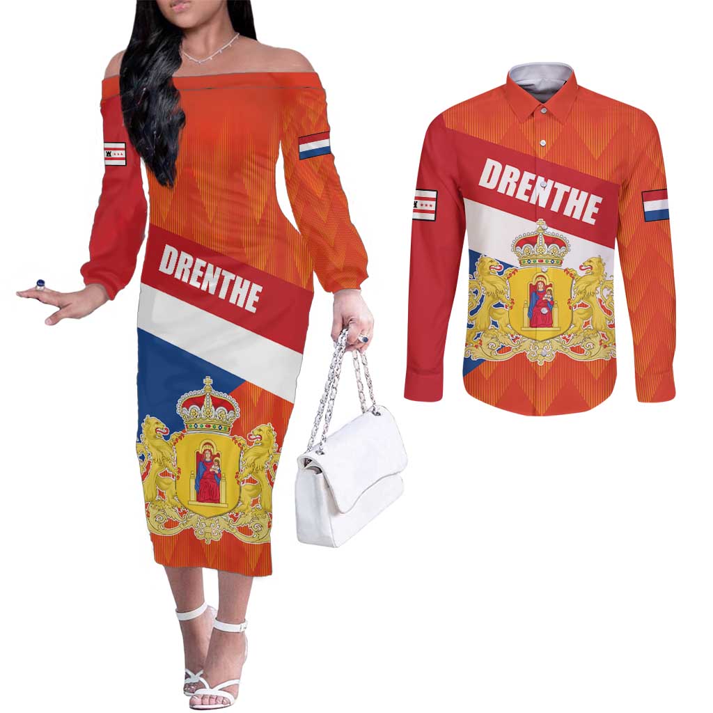 Netherlands Drenthe Province Personalized Couples Matching Off The Shoulder Long Sleeve Dress and Long Sleeve Button Shirt Flag of Drenthe