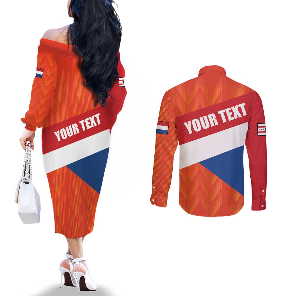 Netherlands Drenthe Province Personalized Couples Matching Off The Shoulder Long Sleeve Dress and Long Sleeve Button Shirt Flag of Drenthe