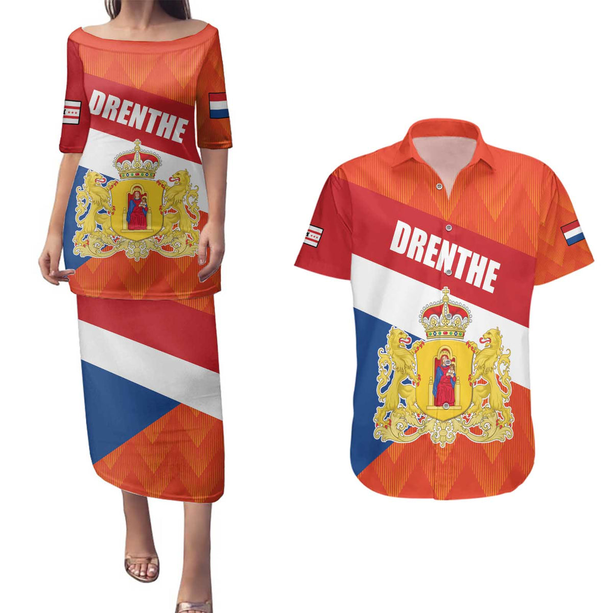Netherlands Drenthe Province Personalized Couples Matching Puletasi and Hawaiian Shirt Flag of Drenthe