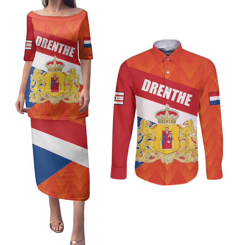 Netherlands Drenthe Province Personalized Couples Matching Puletasi and Long Sleeve Button Shirt Flag of Drenthe
