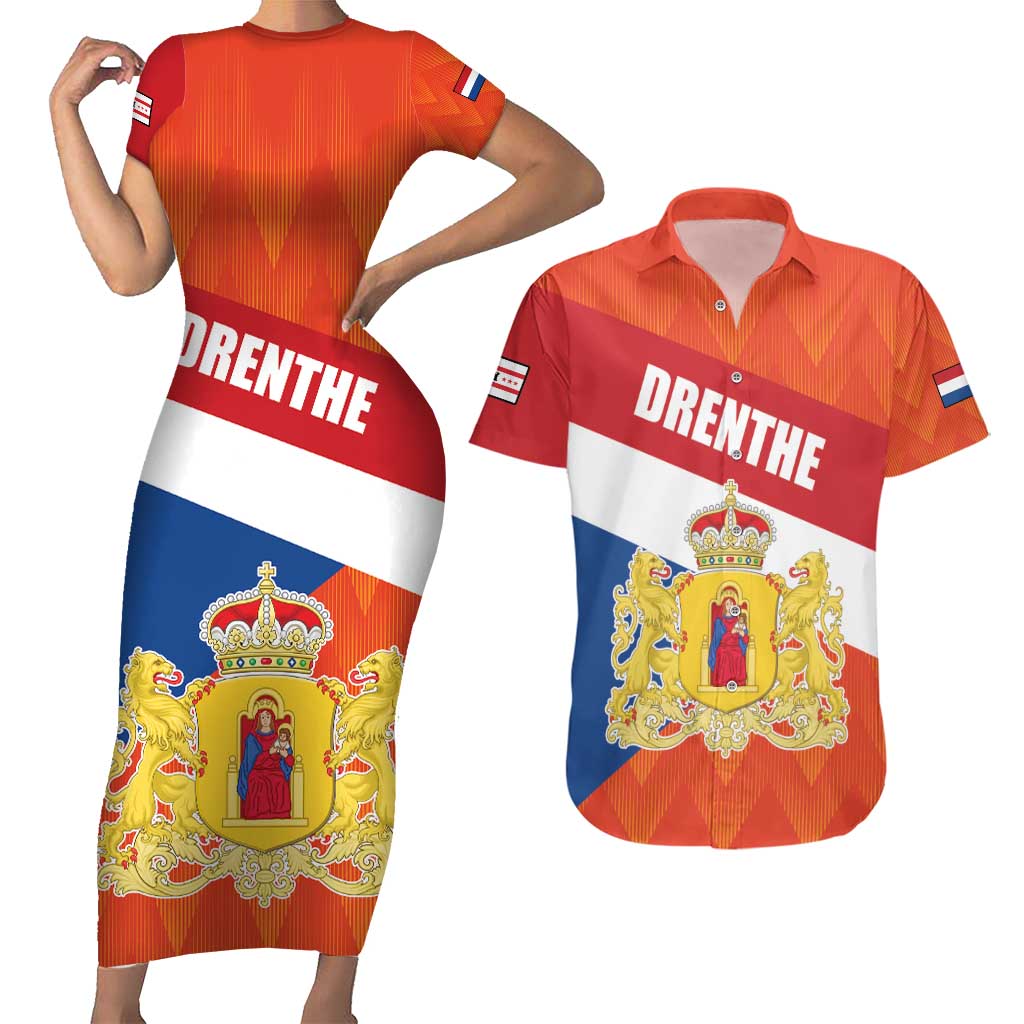 Netherlands Drenthe Province Personalized Couples Matching Short Sleeve Bodycon Dress and Hawaiian Shirt Flag of Drenthe