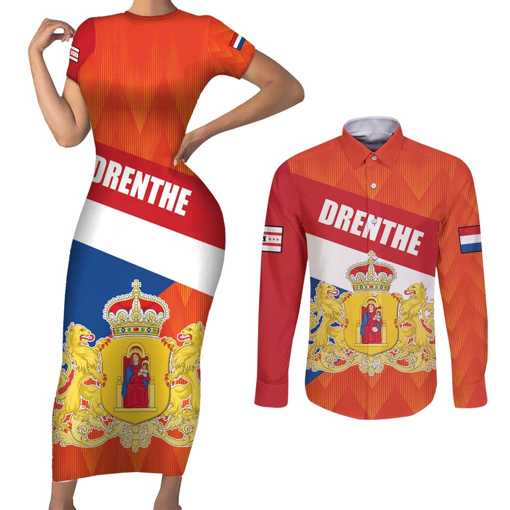 Netherlands Drenthe Province Personalized Couples Matching Short Sleeve Bodycon Dress and Long Sleeve Button Shirt Flag of Drenthe