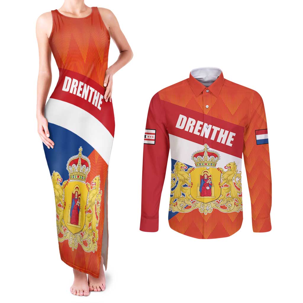 Netherlands Drenthe Province Personalized Couples Matching Tank Maxi Dress and Long Sleeve Button Shirt Flag of Drenthe