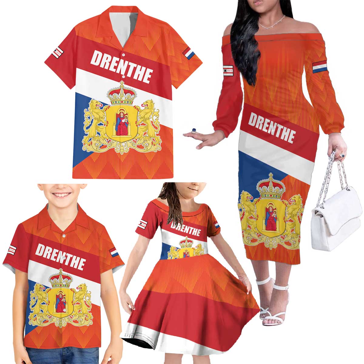 Netherlands Drenthe Province Personalized Family Matching Off The Shoulder Long Sleeve Dress and Hawaiian Shirt Flag of Drenthe