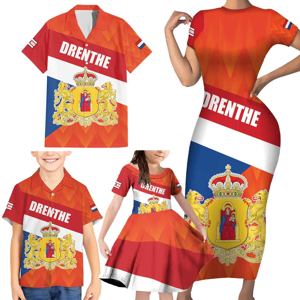 Netherlands Drenthe Province Personalized Family Matching Short Sleeve Bodycon Dress and Hawaiian Shirt Flag of Drenthe