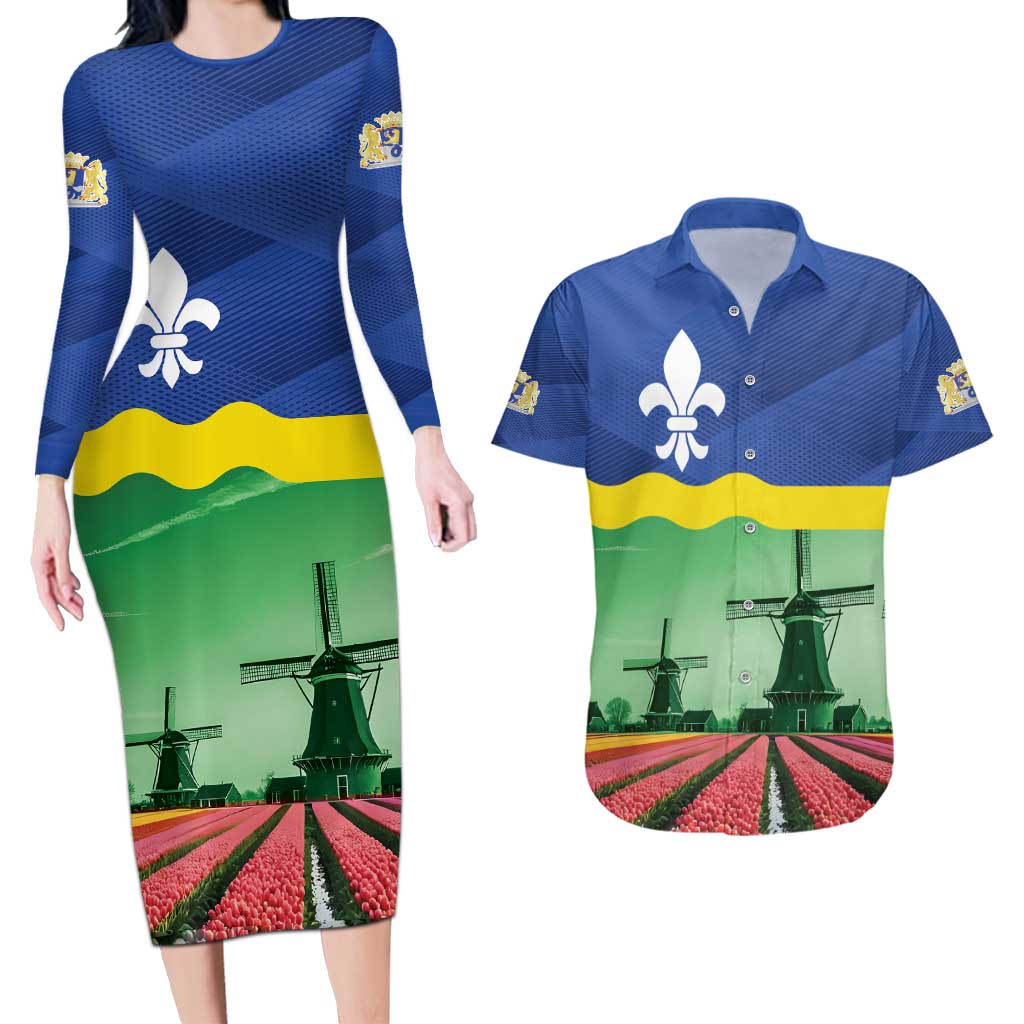 Netherlands Flevoland Province Couples Matching Long Sleeve Bodycon Dress and Hawaiian Shirt Flag Style