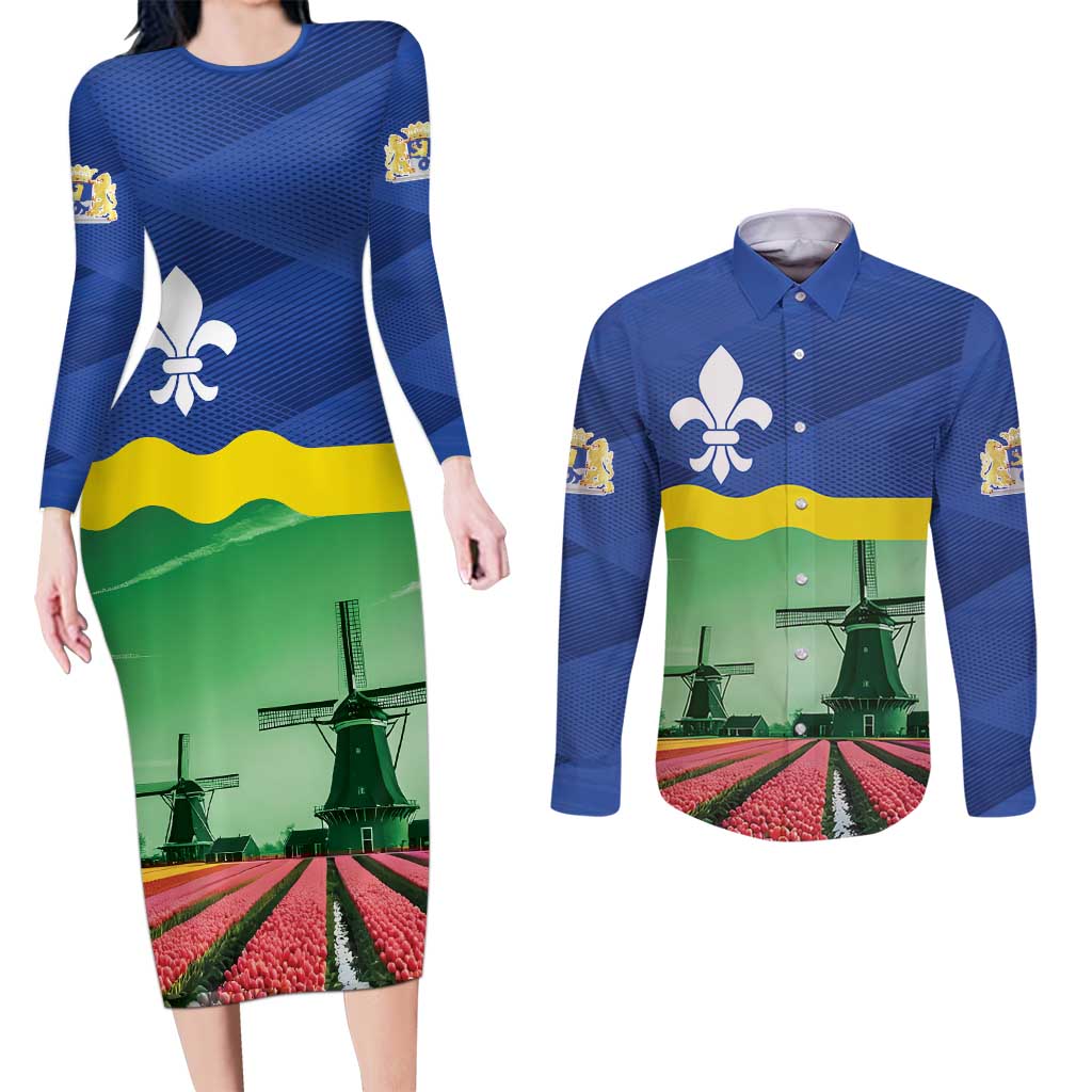 Netherlands Flevoland Province Couples Matching Long Sleeve Bodycon Dress and Long Sleeve Button Shirt Flag Style