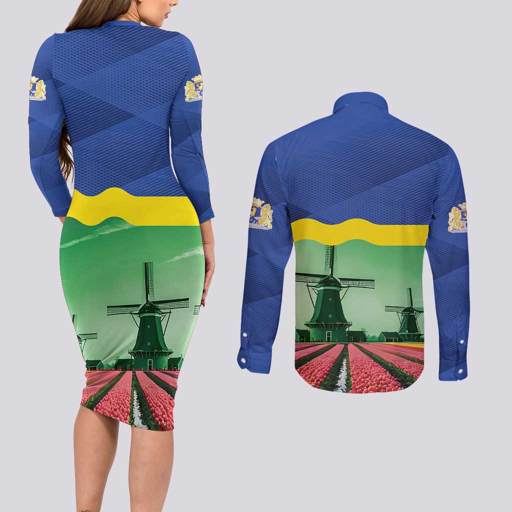 Netherlands Flevoland Province Couples Matching Long Sleeve Bodycon Dress and Long Sleeve Button Shirt Flag Style