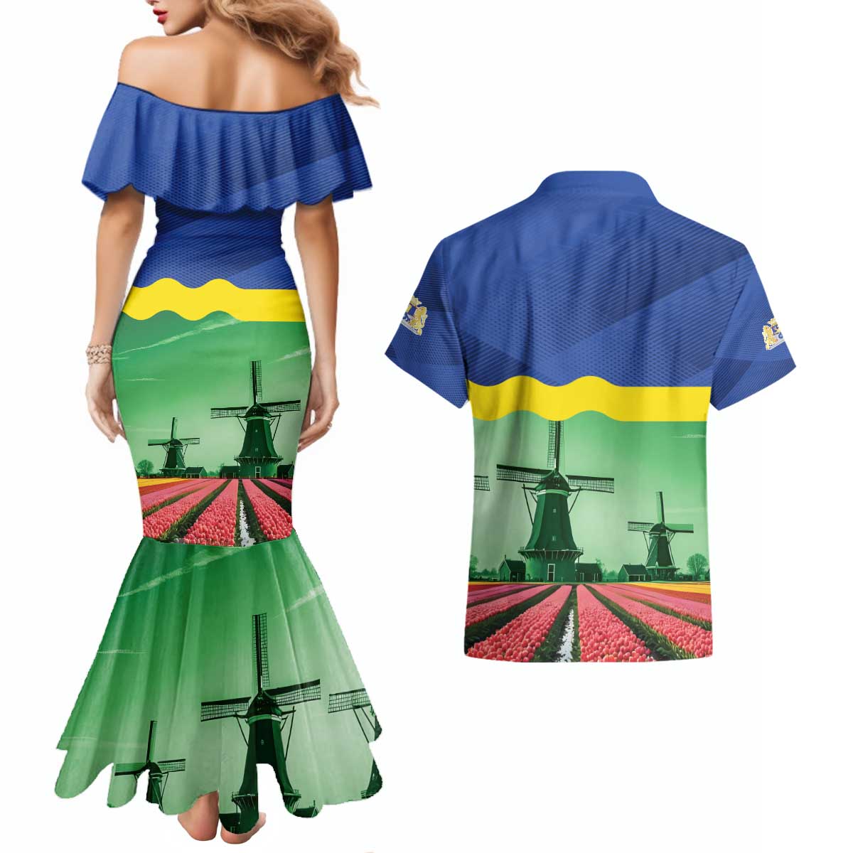 Netherlands Flevoland Province Couples Matching Mermaid Dress and Hawaiian Shirt Flag Style