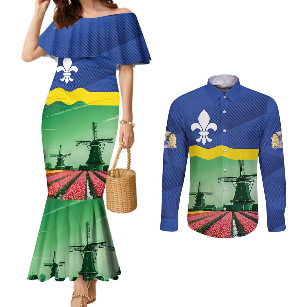 Netherlands Flevoland Province Couples Matching Mermaid Dress and Long Sleeve Button Shirt Flag Style